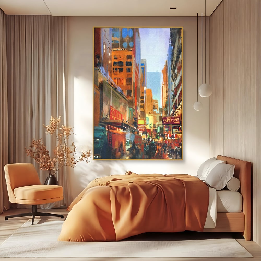 Tablou canvas cu pictura urbana cu strada din new york, in rama de aluminiu auriu, pe perete intr-un dormitor